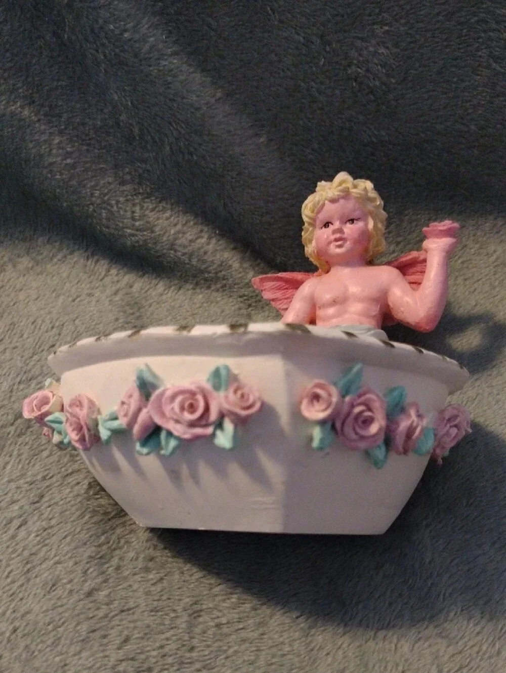 Decorative Heart Trinket Dish with Pink Rose Accents and Cherub